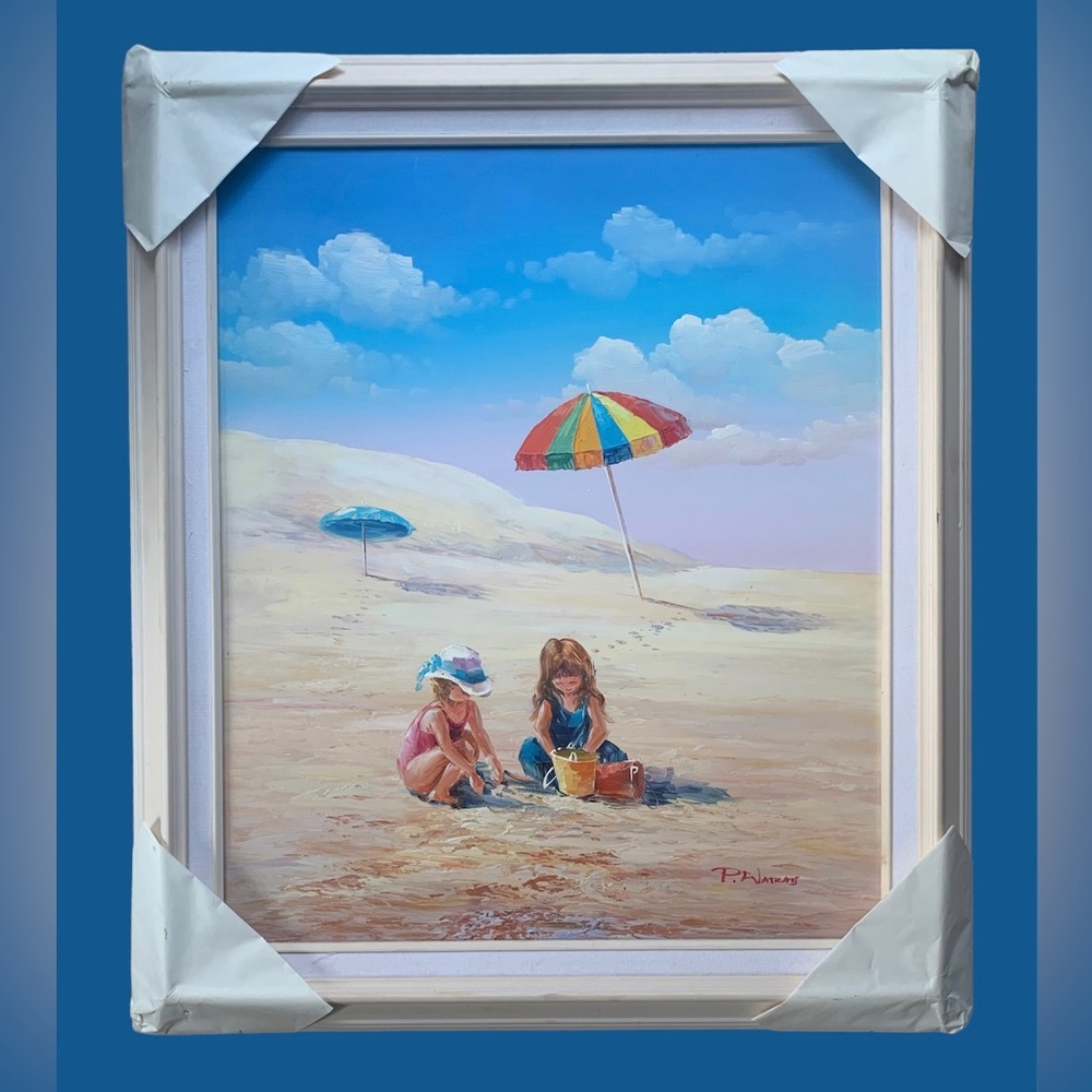 Oil Canvas - Girls Play On Sandy Beach Umbrella Framed Original Signed P Watkins
